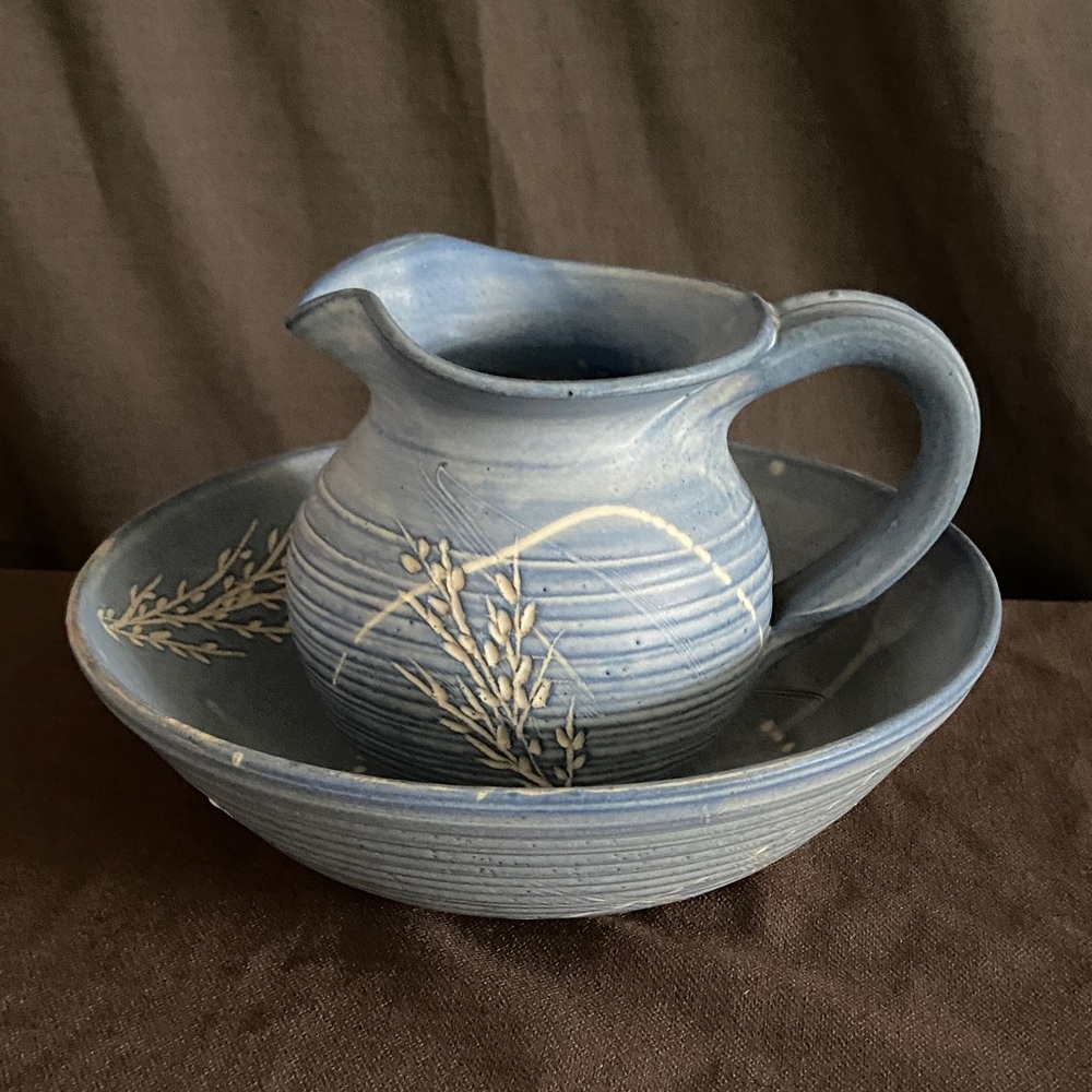 Blue Pottery Pitcher and Bowl Set with Wheat Motif